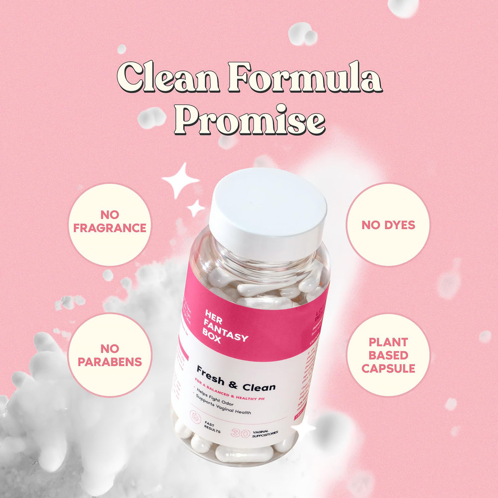 Her Fantasy Box vegan capsules close-up with pure ingredients.