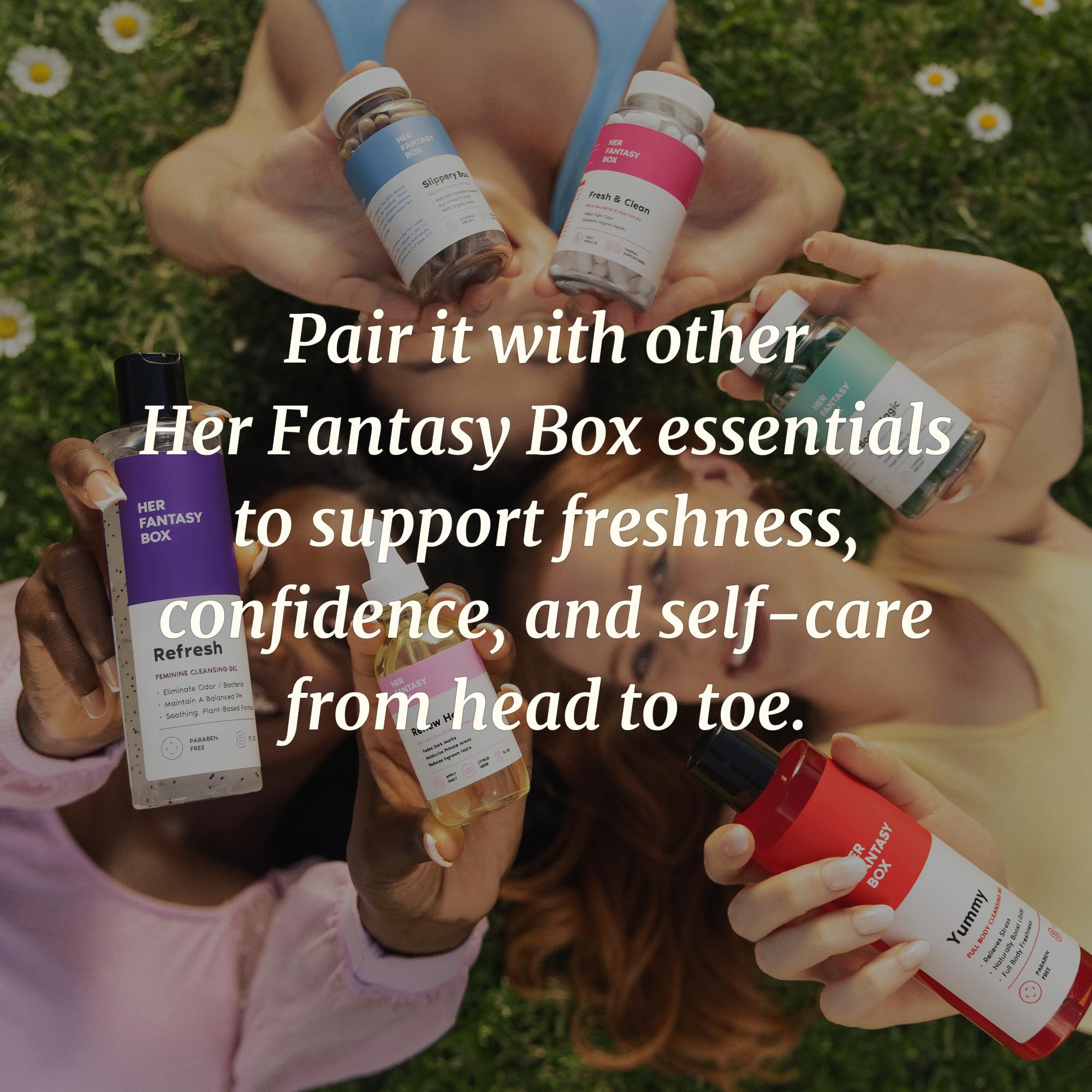 Her Fantasy Box Vegan Non-GMO label highlights purity.