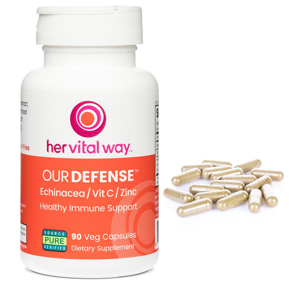 Her Vital Way Our Defense seal indicates chelated zinc for better absorption.