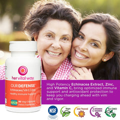 Her Vital Way Our Defense label design emphasizes cichoric acid and premium ingredients.