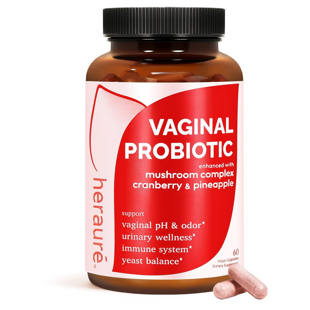 HerAuré Vaginal Probiotics bottle shown for daily pH balance and freshness.