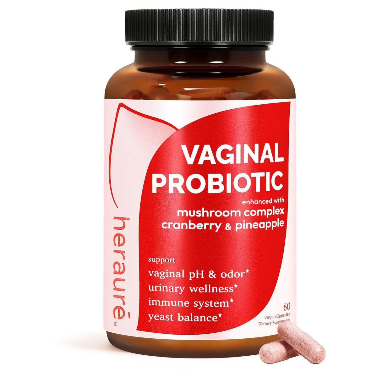 HerAuré Vaginal Probiotics bottle shown for daily pH balance and freshness.