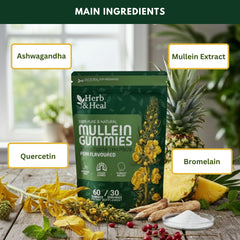Herb & Heal Mullein Gummies closeup: soft chews designed for daily respiratory support.