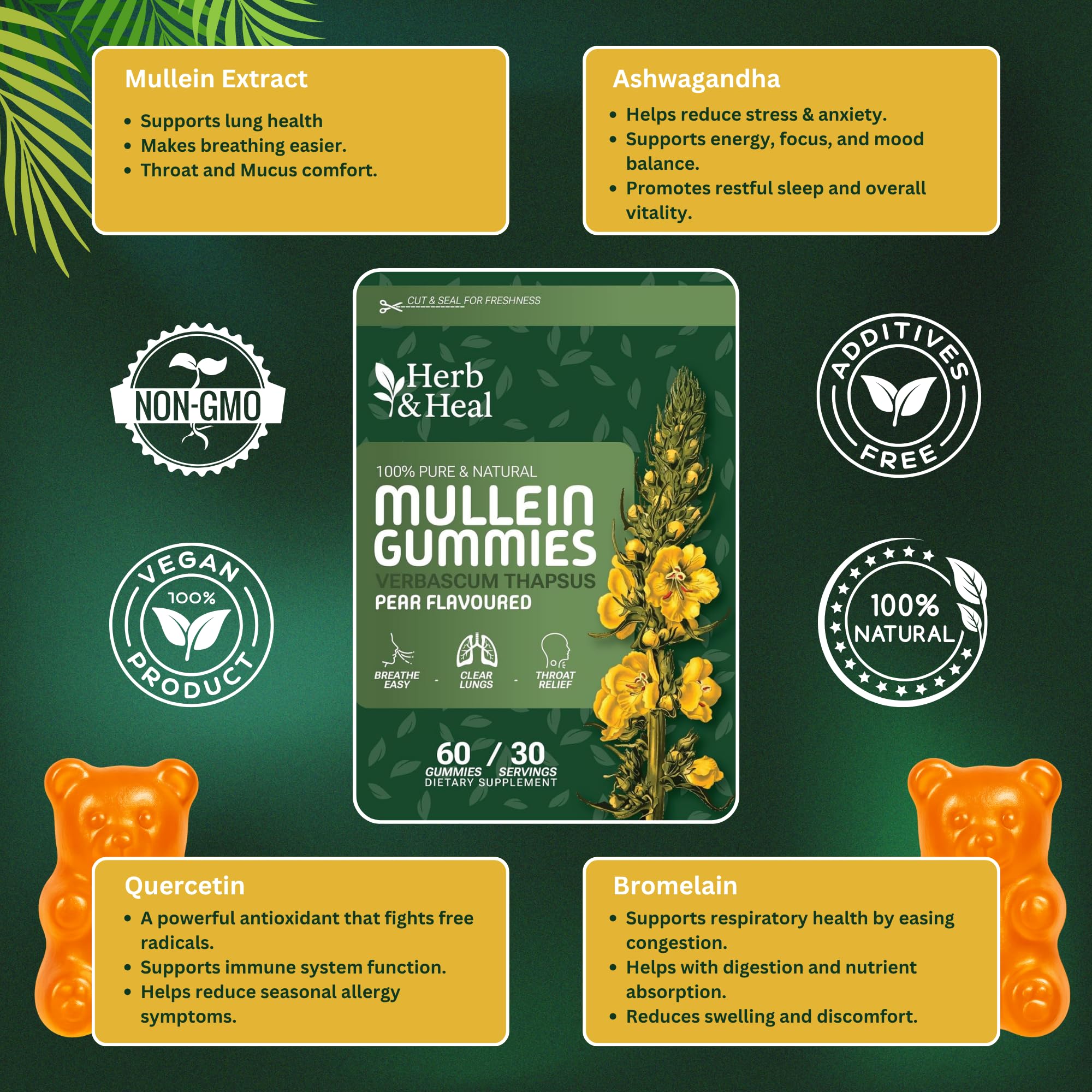 Herb & Heal Mullein Gummies ingredients label: mullein leaf extract with ashwagandha, quercetin, bromelain.