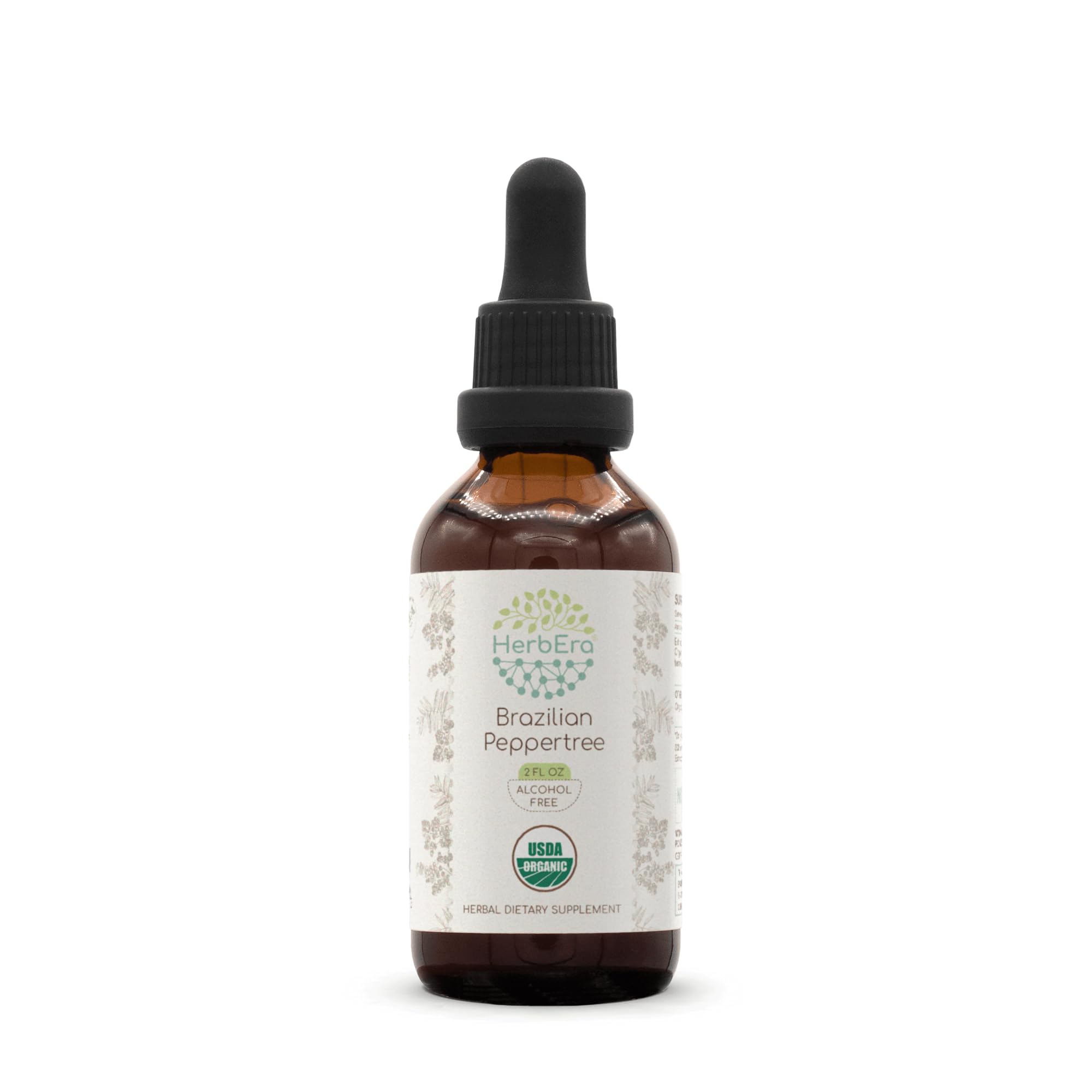 HerbEra Brazilian Peppertree tincture bottle showcases alcohol-free, high-potency herbal drops.
