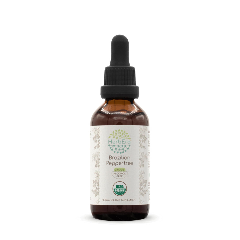 HerbEra Brazilian Peppertree tincture bottle showcases alcohol-free, high-potency herbal drops.