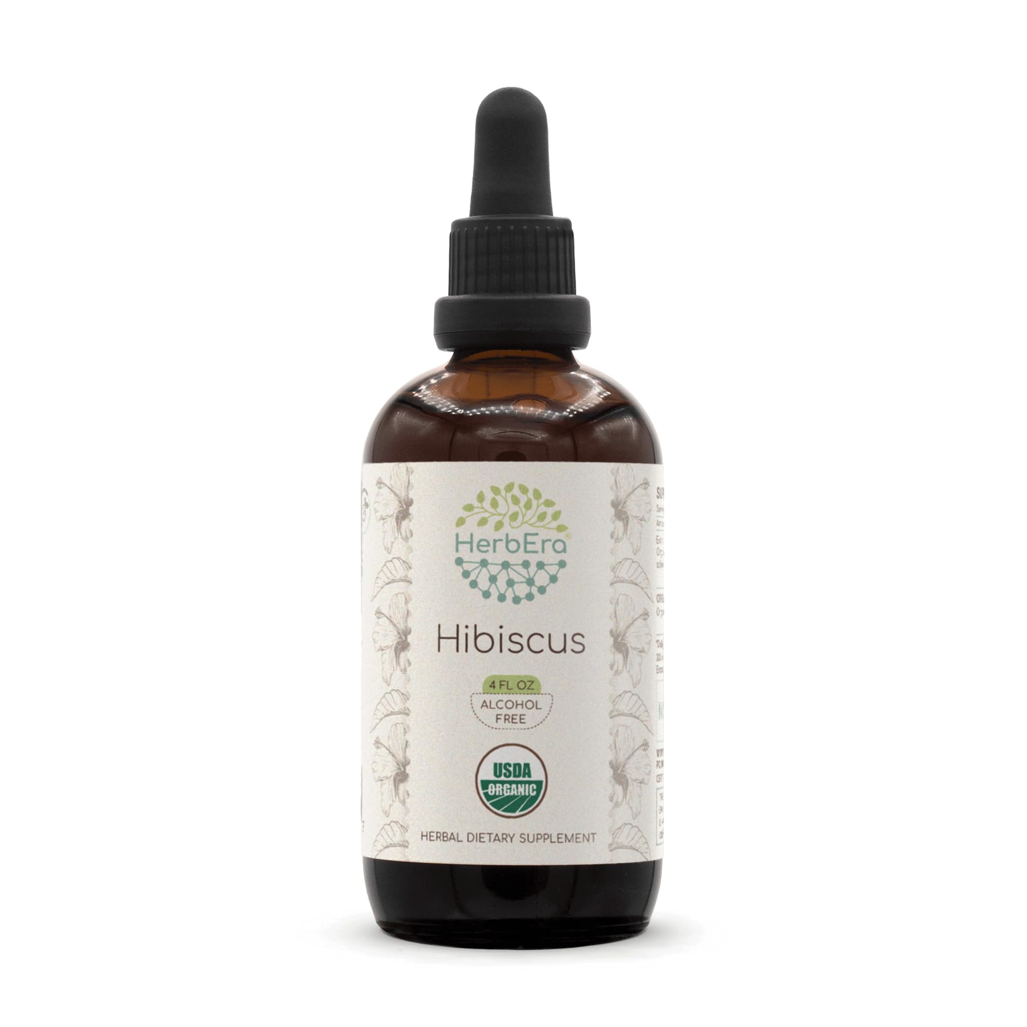 HerbEra Hibiscus B120 tincture bottle for easy, alcohol-free drops.