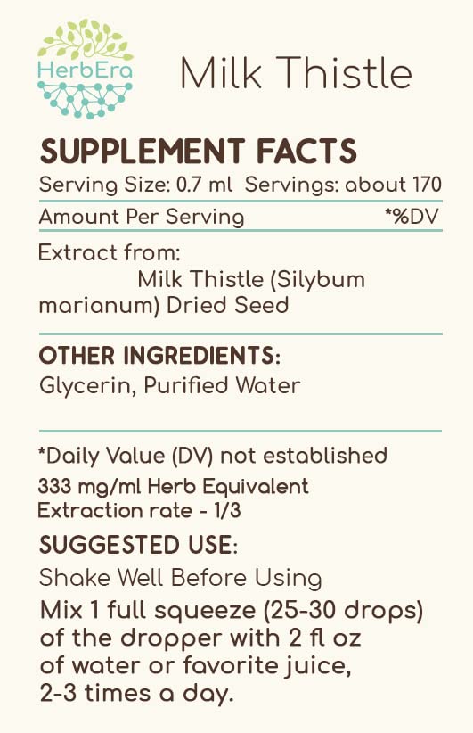 HerbEra Milk Thistle tincture label-front, easy-to-read bottle for quick dosing prep.