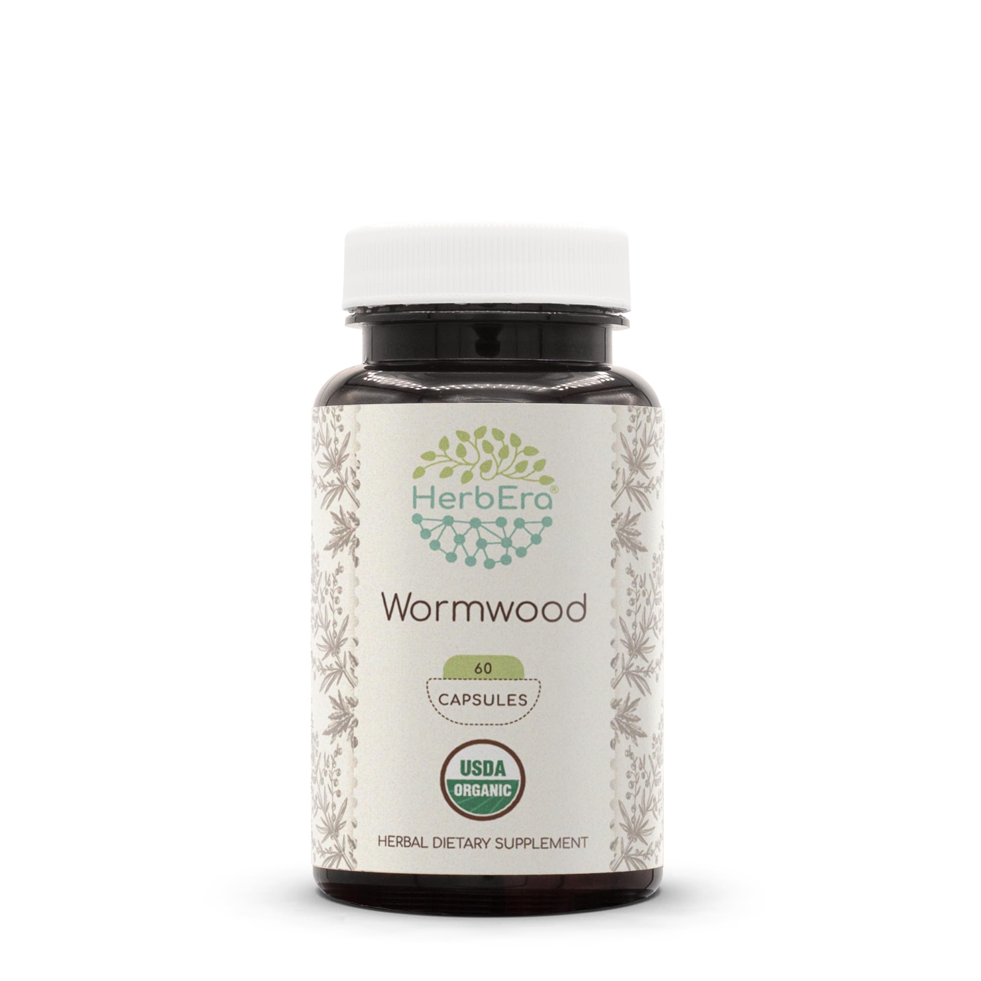HerbEra Wormwood capsules bottle label, organic herbal supplement for daily wellness.