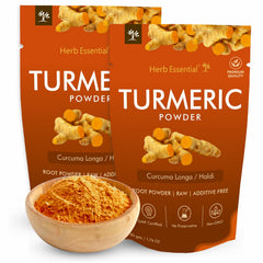 Herb Essential turmeric powder jar highlights pure, natural turmeric for flavorful meals.