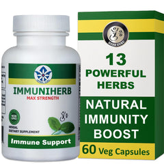 Herb Guru Immuniherb bottle front showing daily immune support features.