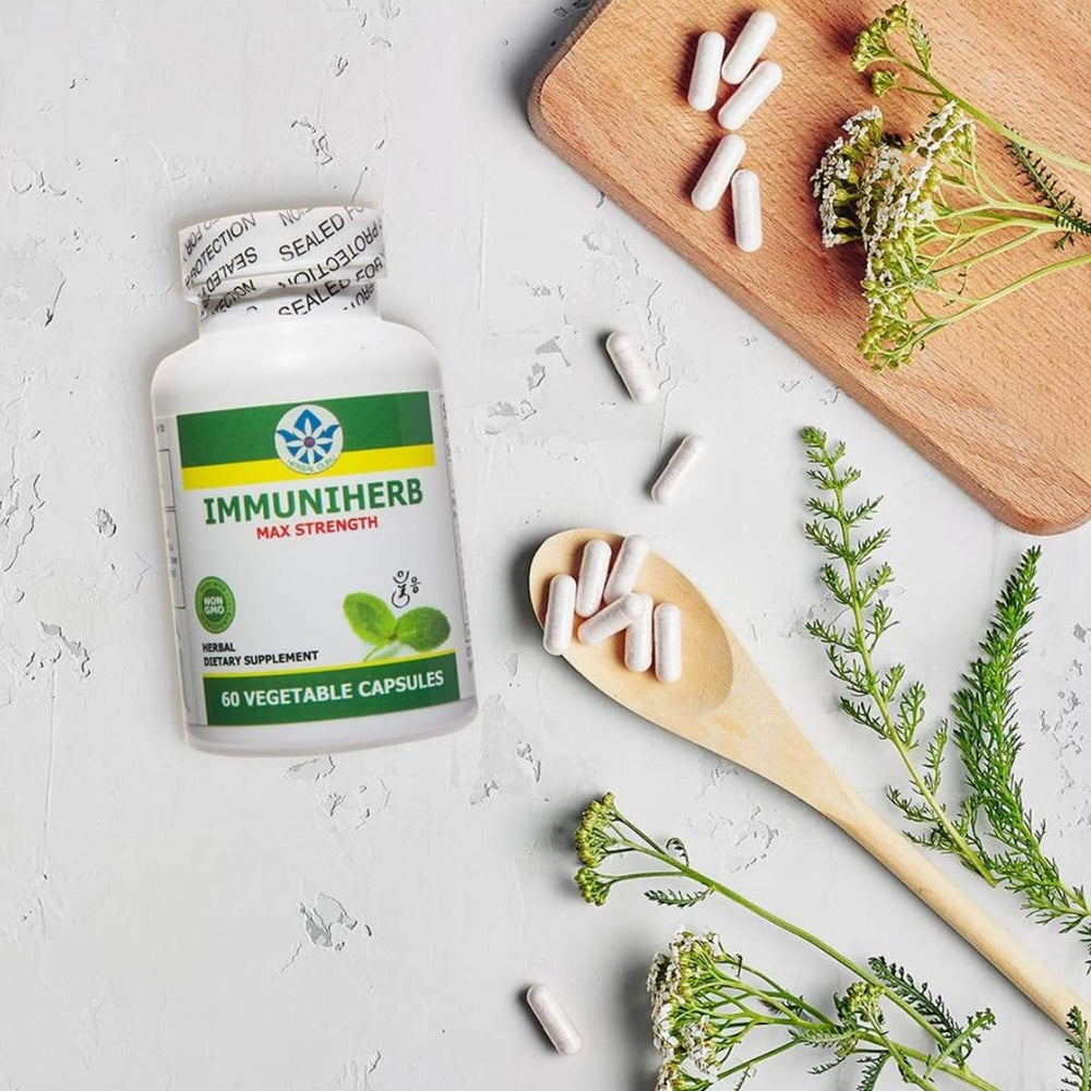 Herb Guru Immuniherb daily-dose capsules ready for routine use.