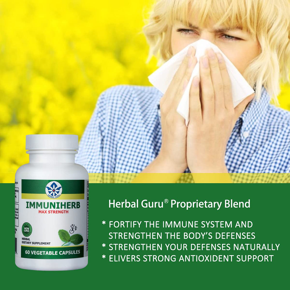 Herb Guru Immuniherb ingredients such as ginger and herbs in the blend.