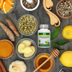 Herb Guru Immuniherb ingredients label highlights ginger, forsythia, licorice, cinnamon.