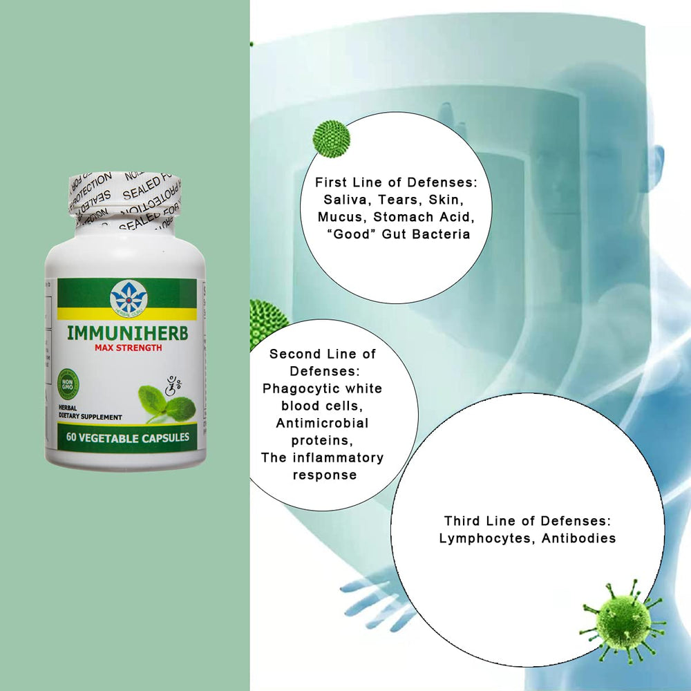 Herb Guru Immuniherb capsule with vitamin C, D3, and zinc for daily nutrition.
