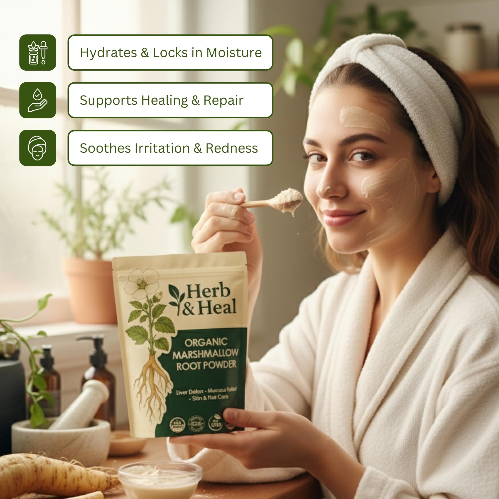 Close-up of Herb & Heal marshmallow root powder texture suitable for smoothies and tinctures.