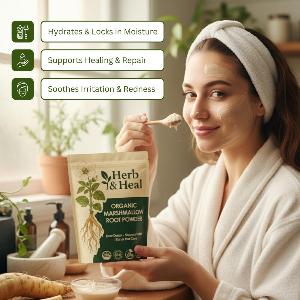 Close-up of Herb & Heal marshmallow root powder texture suitable for smoothies and tinctures.