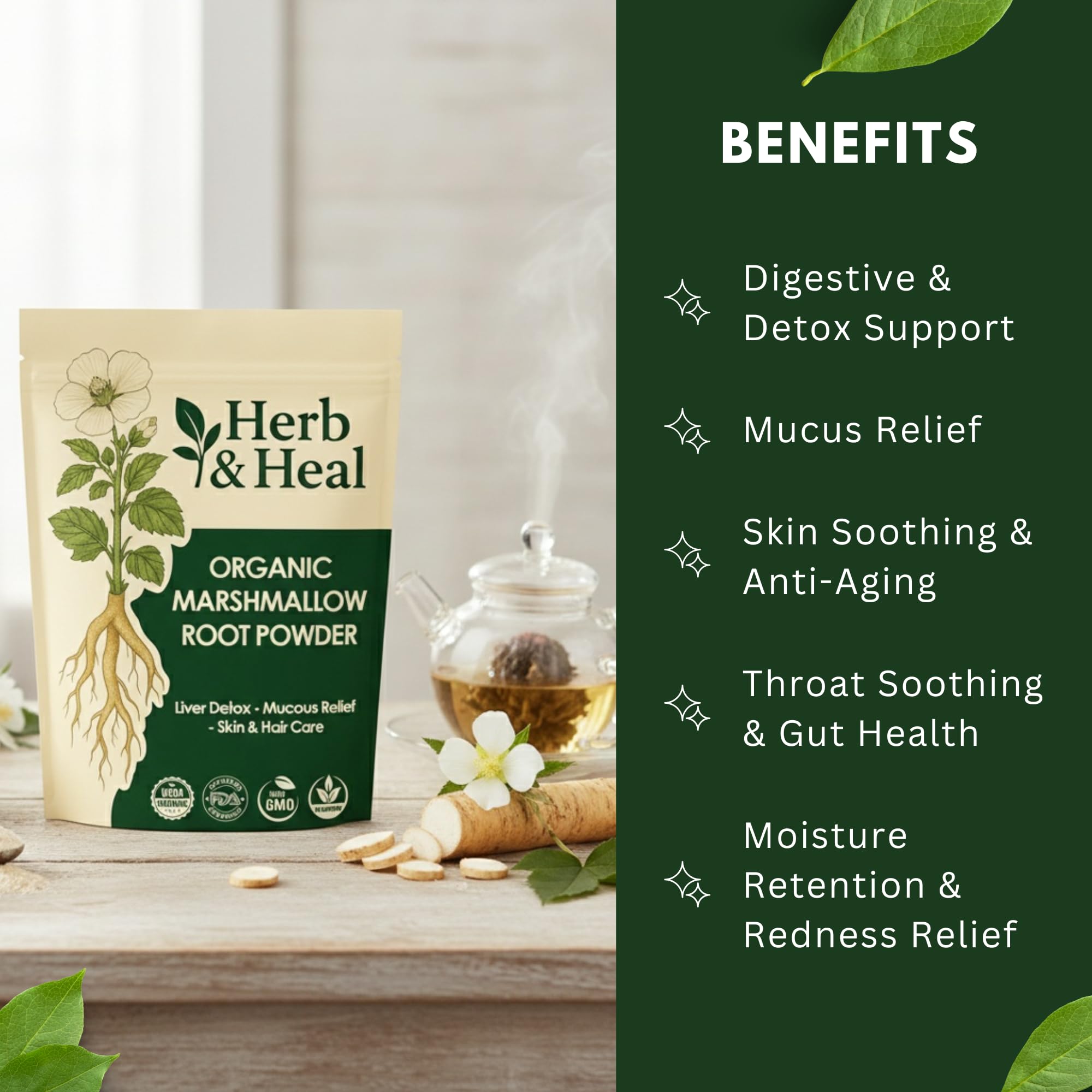 Herb & Heal marshmallow root powder scoop ready for precise dosage in teas and remedies.