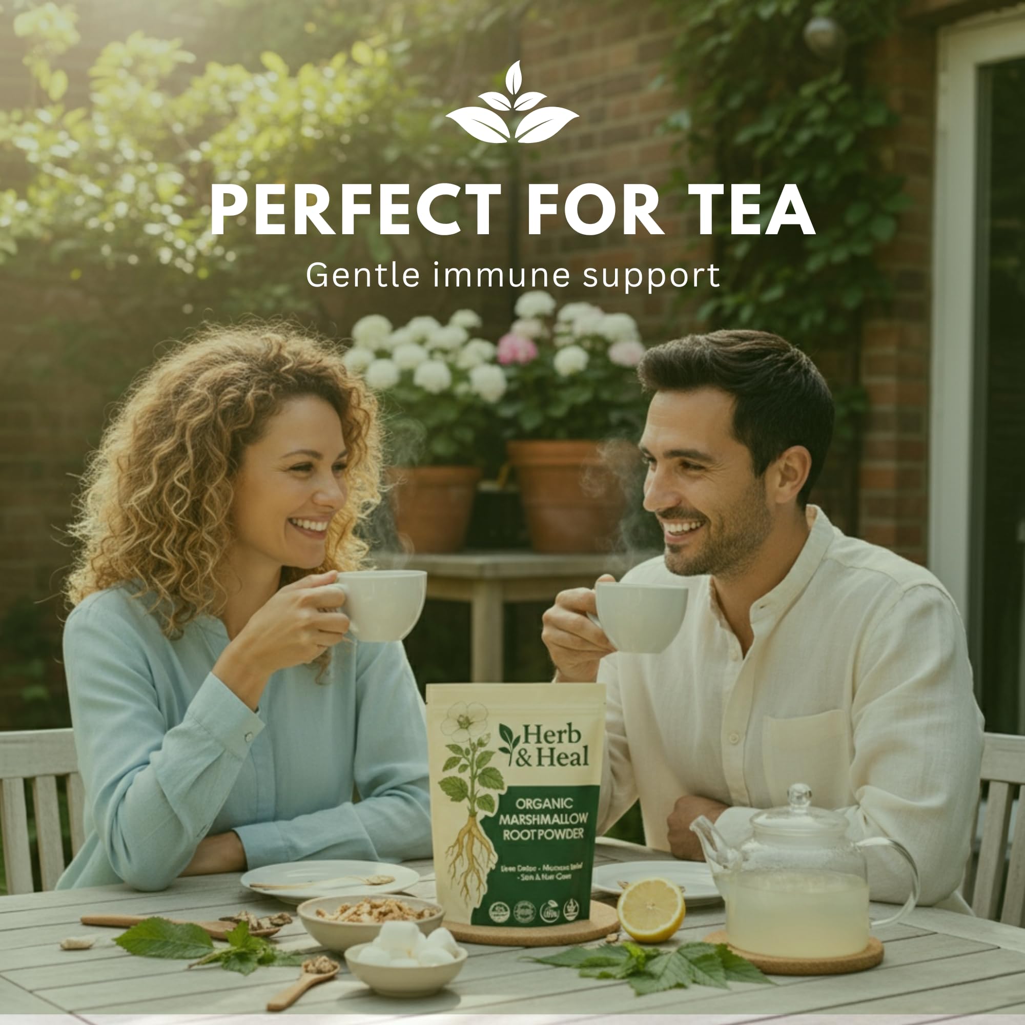 Herb & Heal marshmallow root tea brew with warm steam and golden infusion.