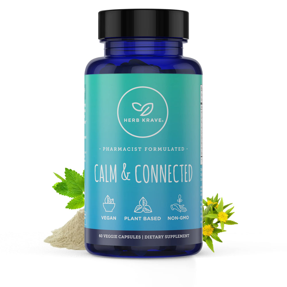 Herb Krave Calm & Connected bottle front for daily stress support and focus.