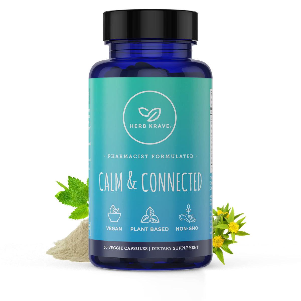 Herb Krave Calm & Connected bottle front for daily stress support and focus.