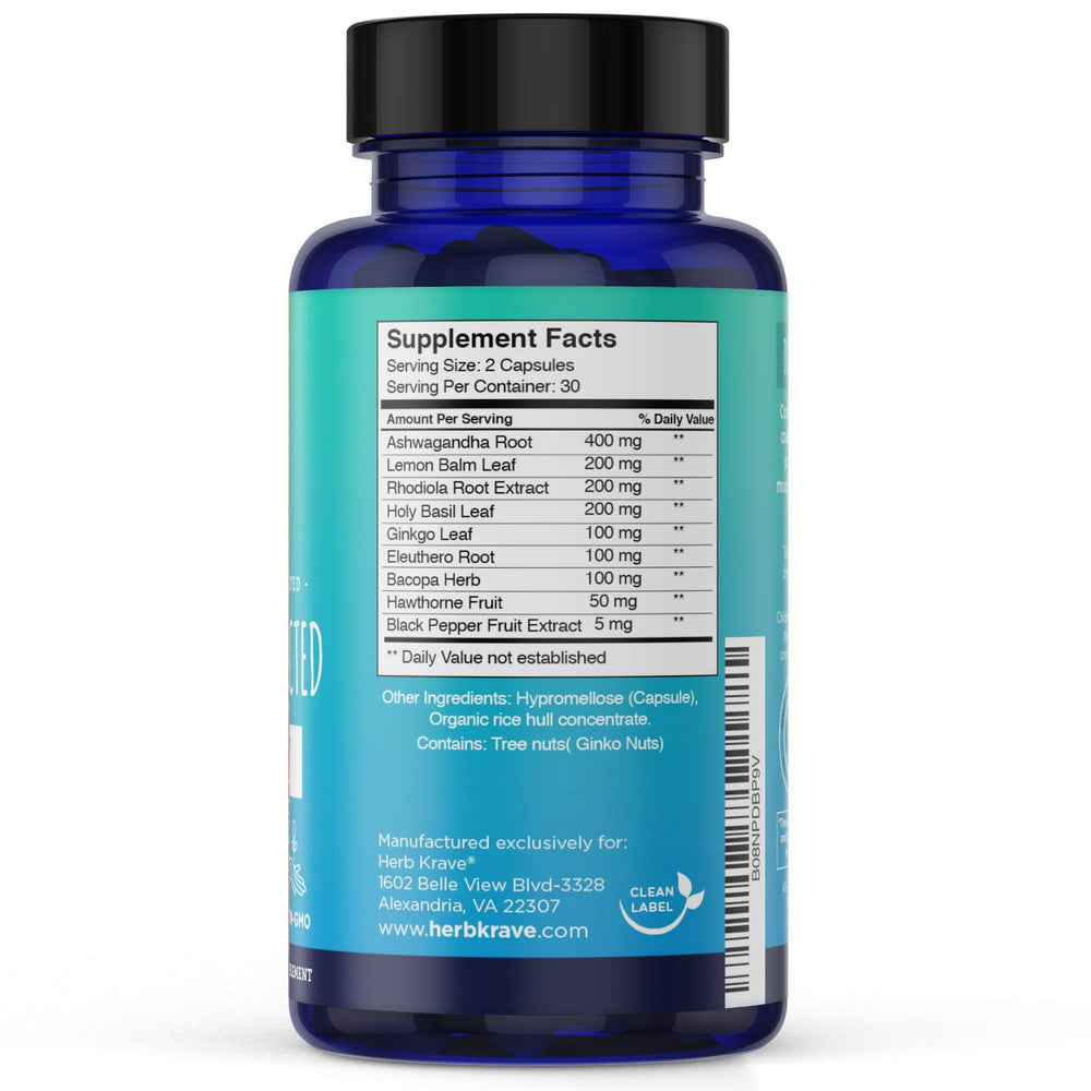 Close-up of Herb Krave Calm & Connected capsules highlighting natural adaptogens.