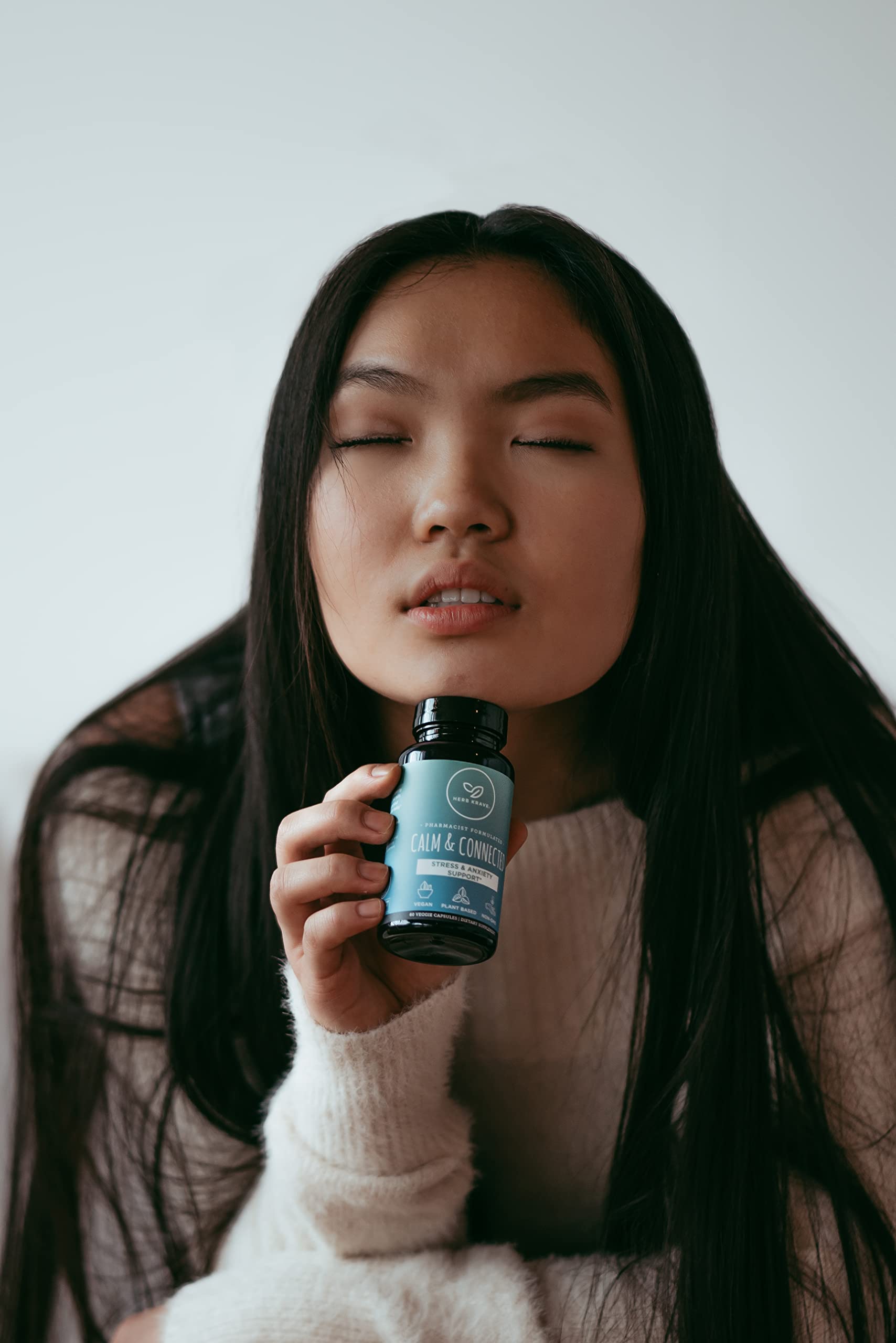 Ingredients panel of Herb Krave Calm & Connected featuring Ashwagandha and lemon balm.