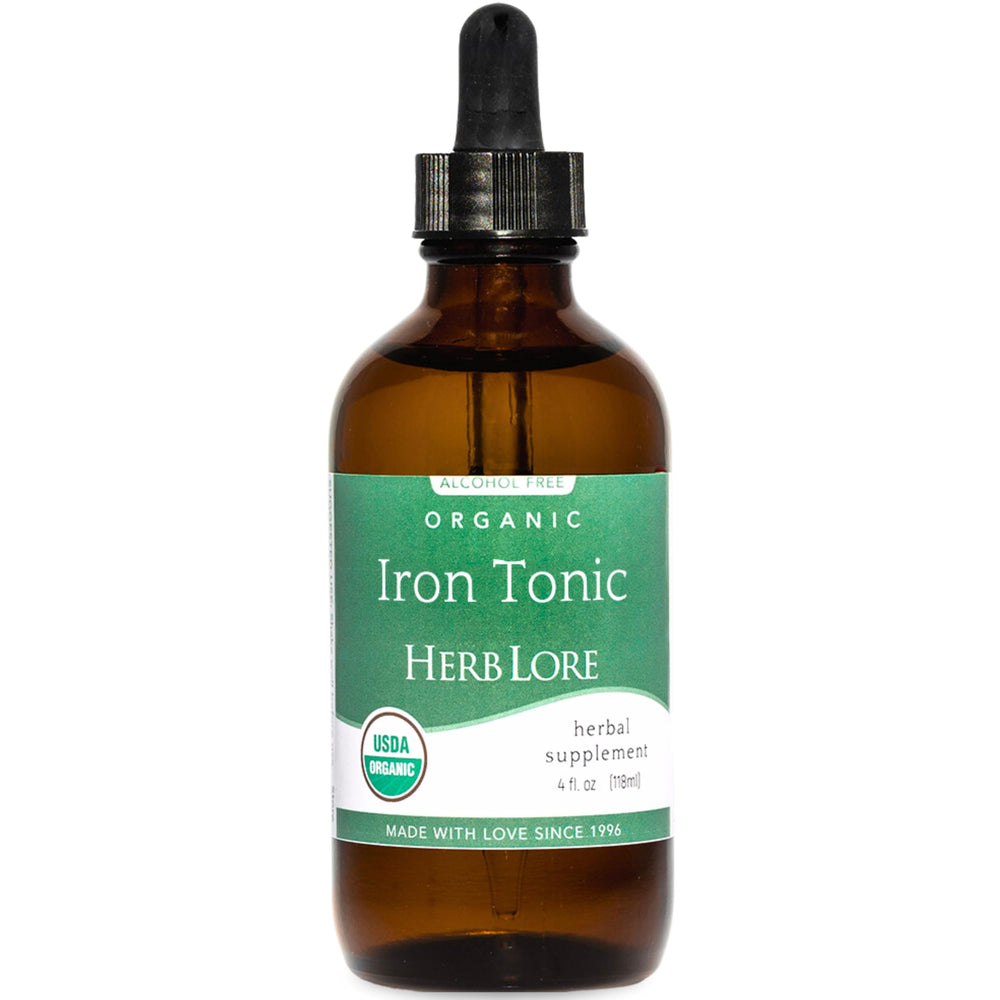 Herb Lore Iron Tonic bottle pour for easy daily iron support.