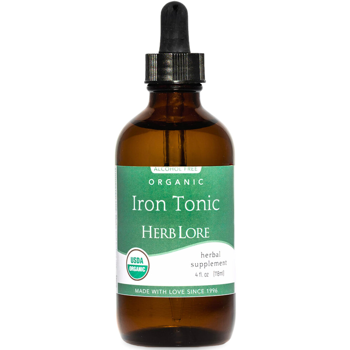 Herb Lore Iron Tonic bottle pour for easy daily iron support.