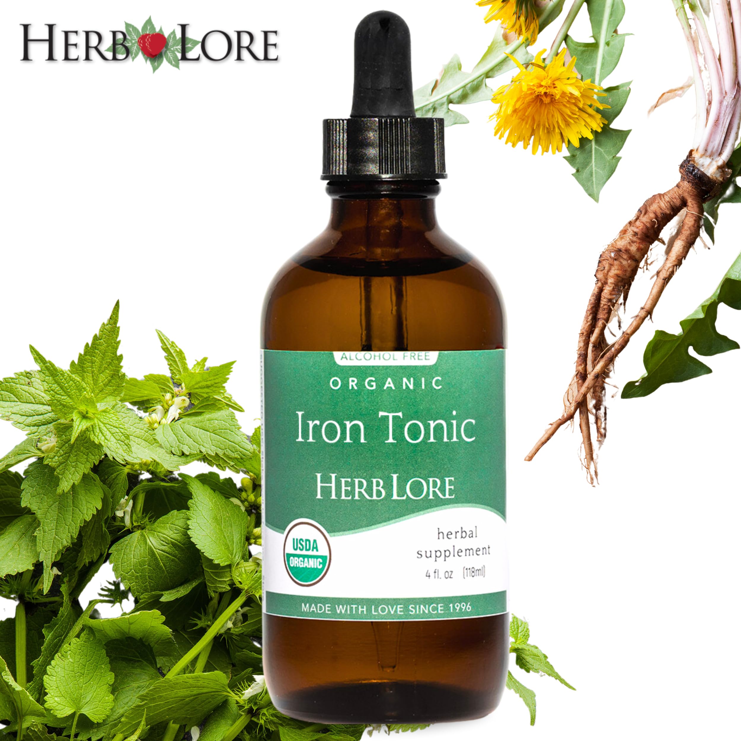 Label closeup of Herb Lore Iron Tonic with organic vegan ingredients.