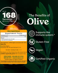 Herb Pharm label close-up highlighting certified organic Olea europaea leaf