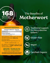 Label close-up with organic motherwort leaves and flowering tops on Herb Pharm bottle.