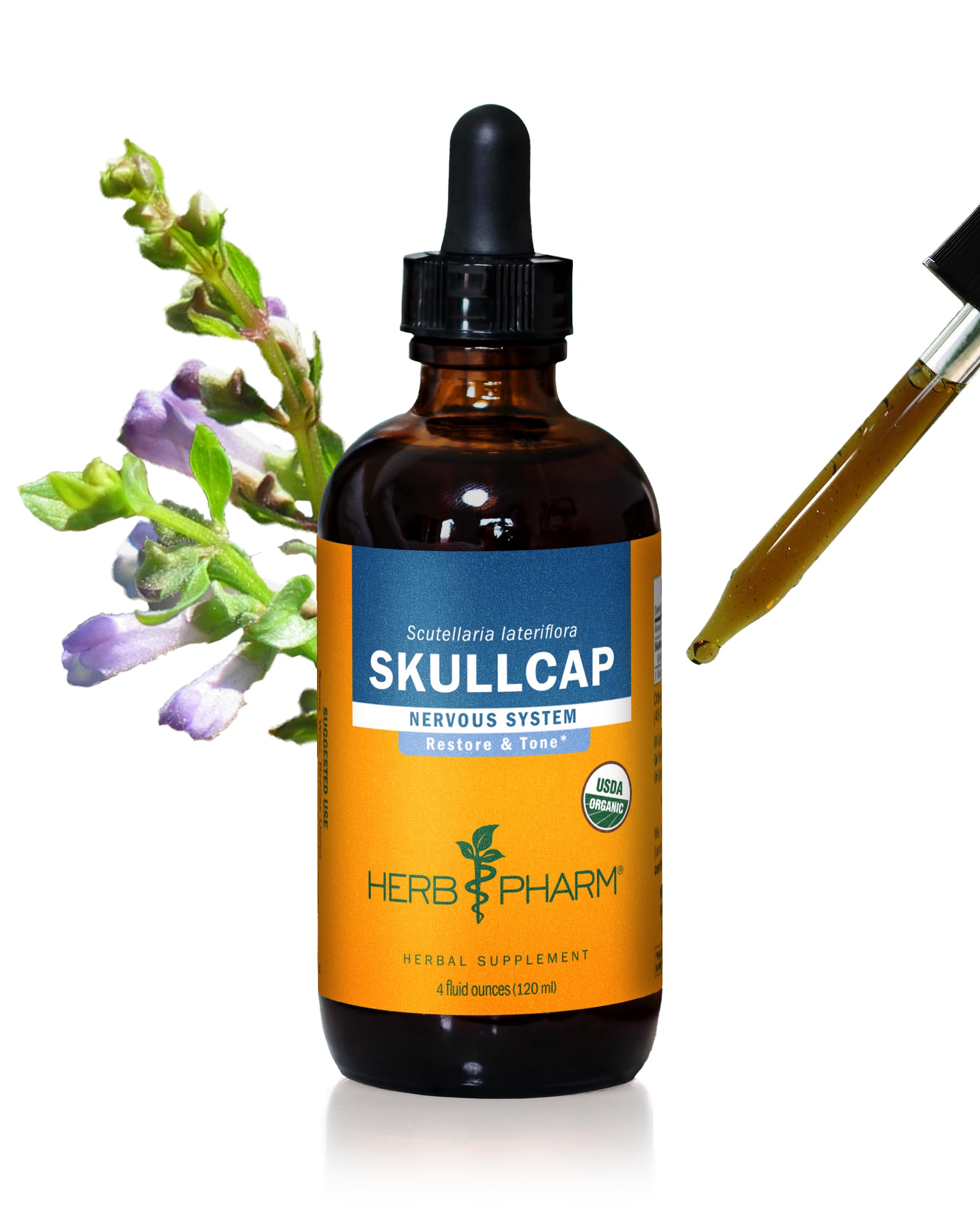 Herb Pharm Skullcap bottle with dropper for easy mixing into water.