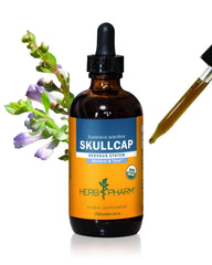 Herb Pharm Skullcap bottle with dropper for easy mixing into water.