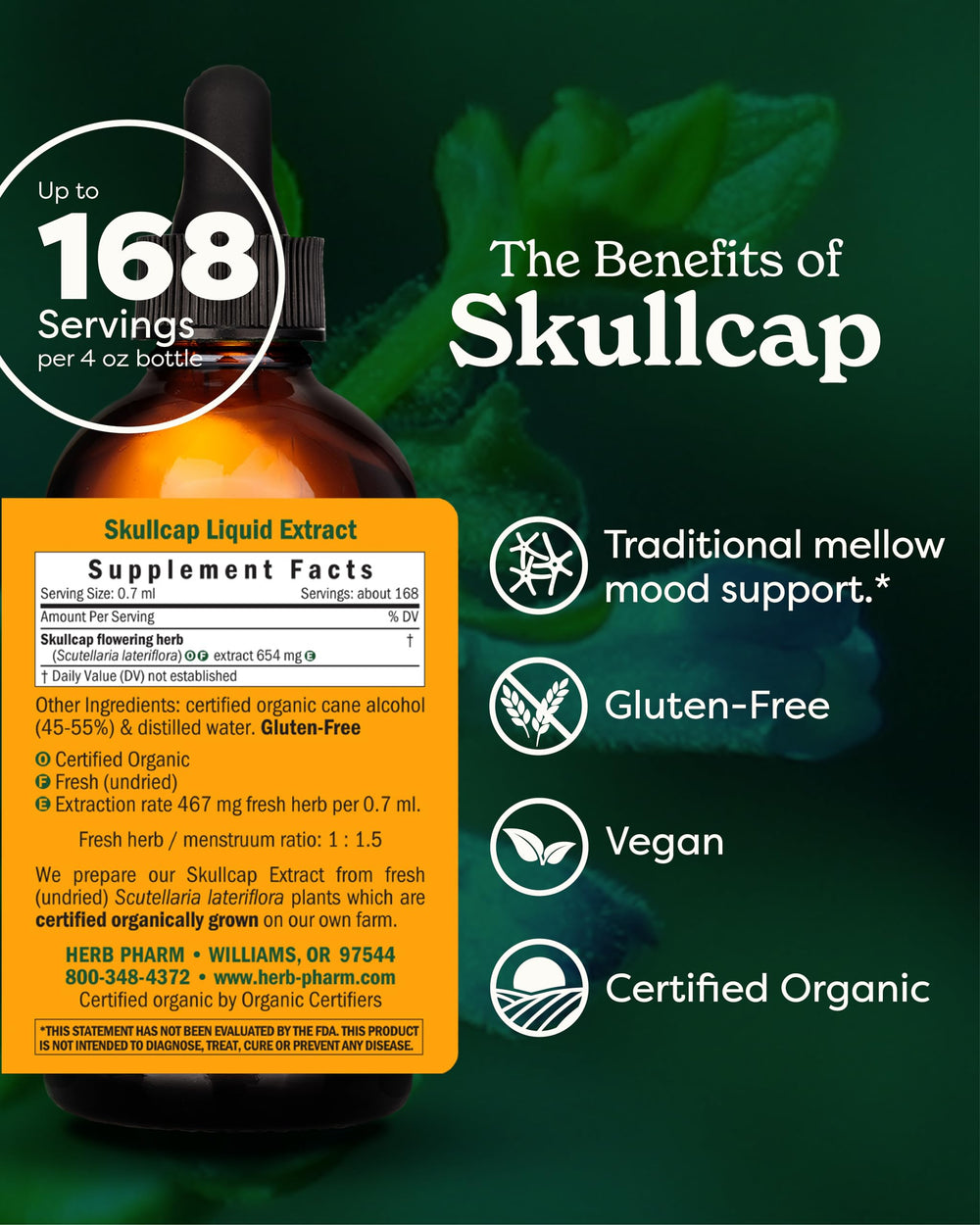 Herb Pharm Skullcap label close-up showing organic certification and identity.