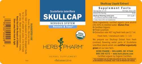 Herb Pharm Skullcap packaging emphasizes organic farming and fresh plant origins.