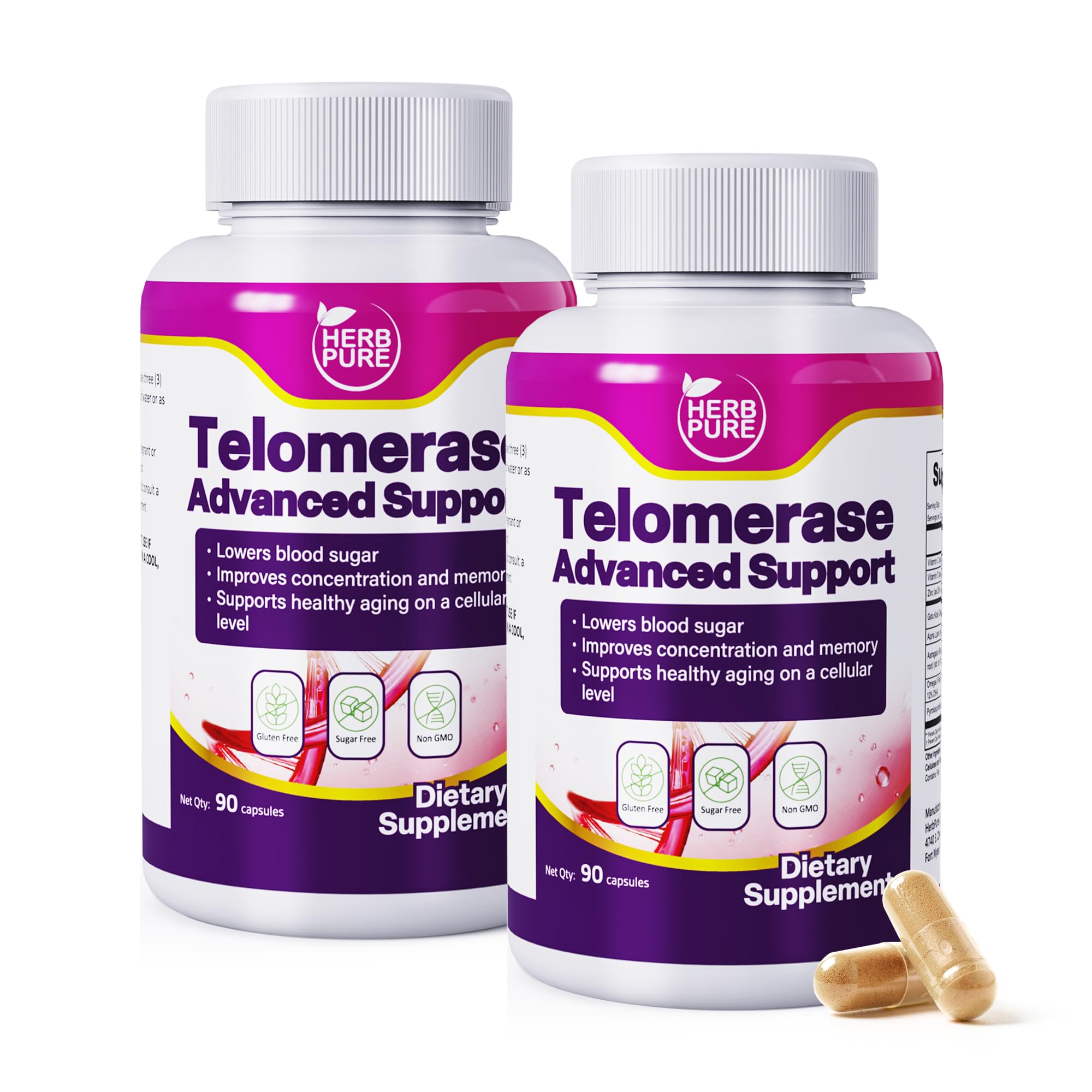 HERB PURE Telomerase Supplement bottle on desk, promoting mental clarity and focus.