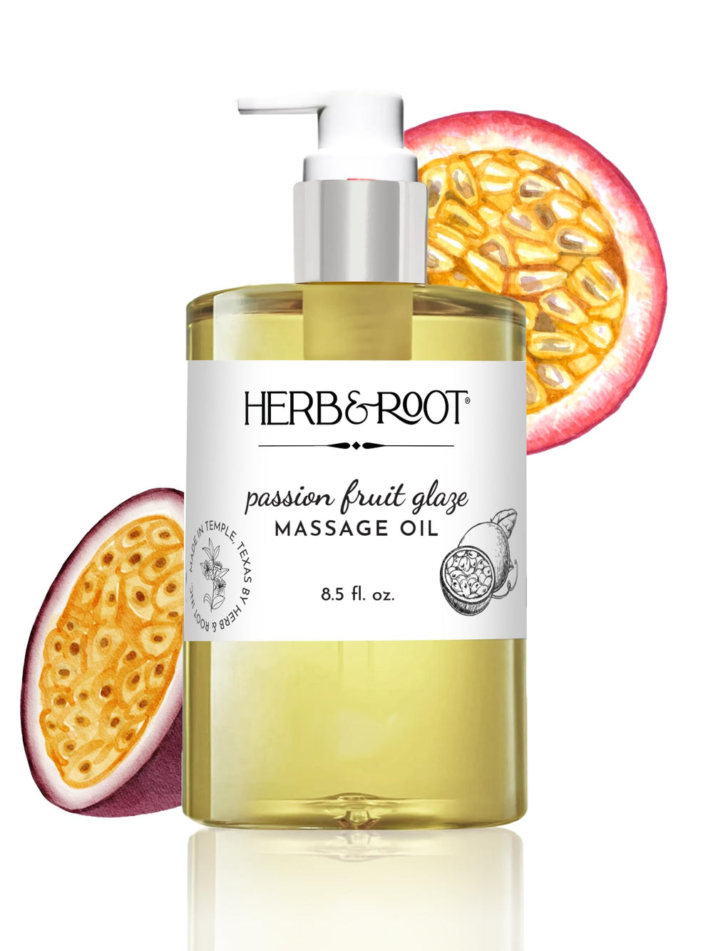 Herb & Root Passion Fruit Glaze bottle pour for a soothing massage.