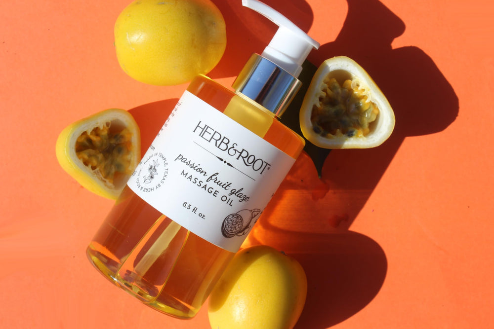 Herb & Root Passion Fruit Glaze label closeup highlighting premium ingredients.