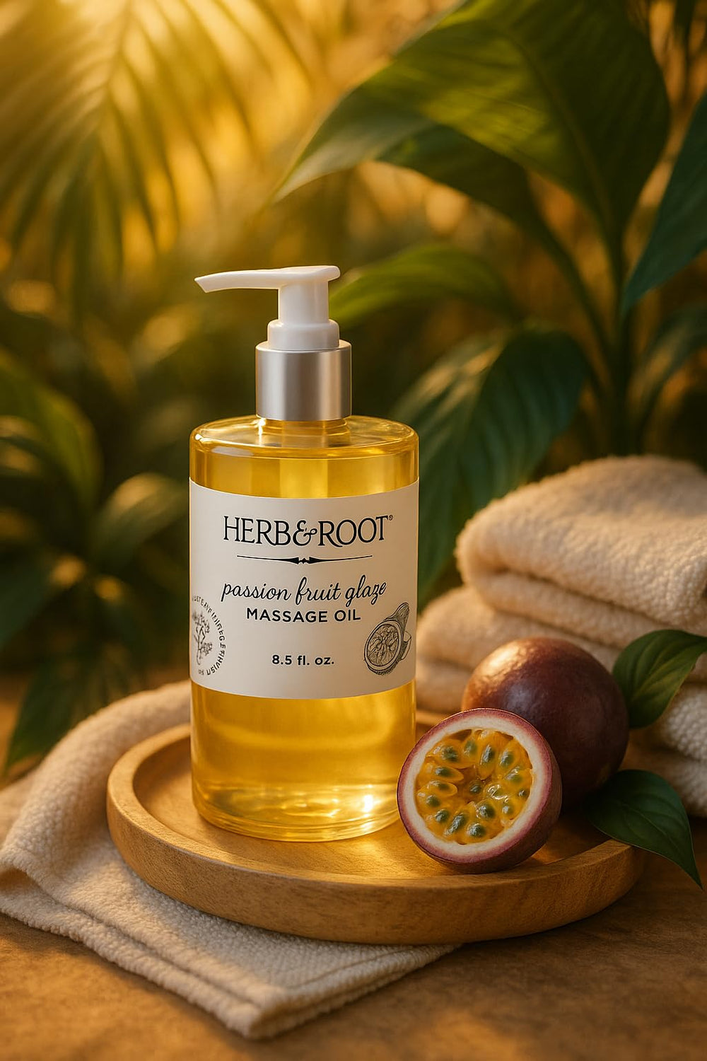 Herb & Root Tropical body oil on skin provides light moisture.