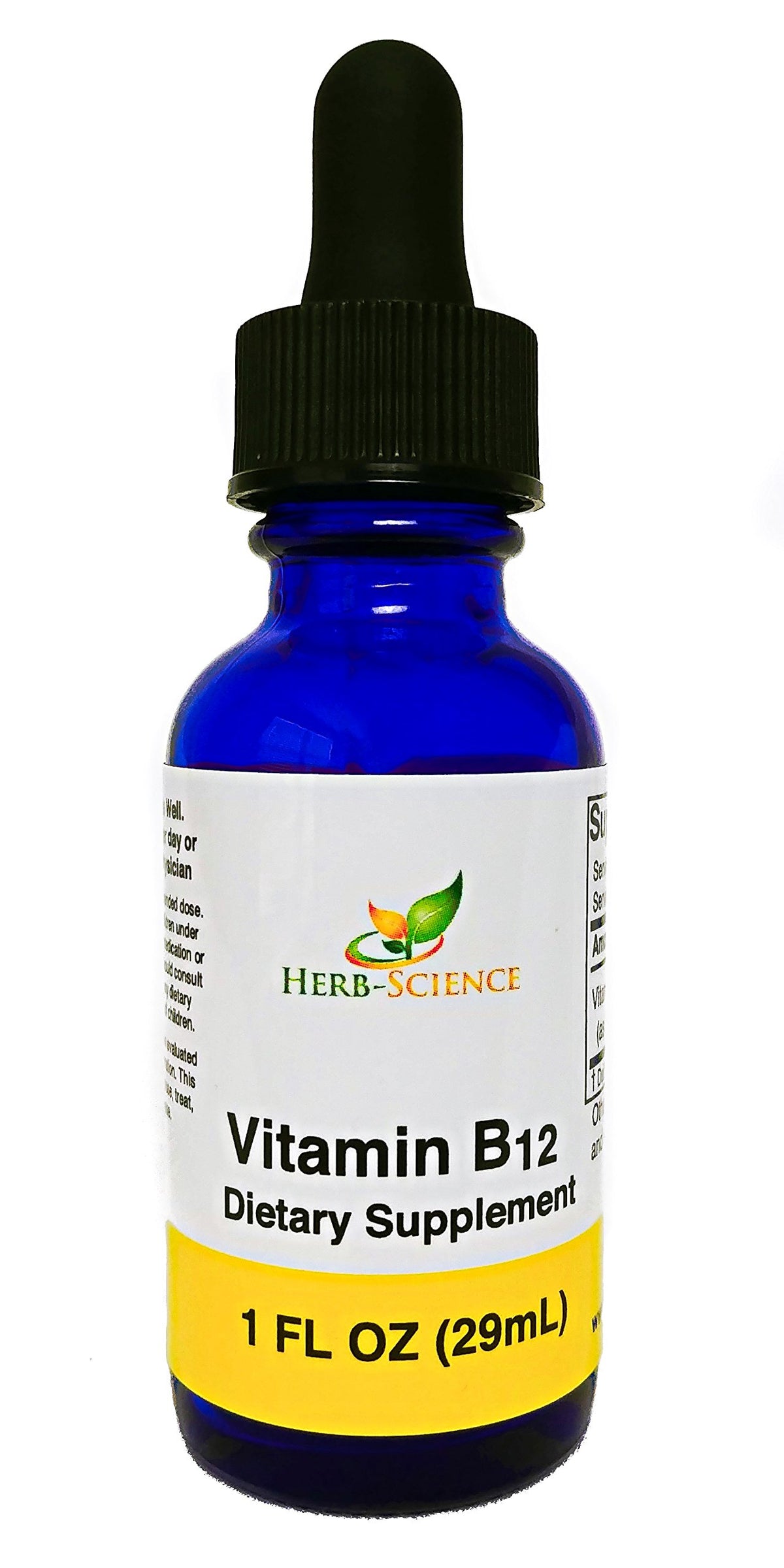 Herb-Science liquid B12 bottle with dropper for fast sublingual absorption.