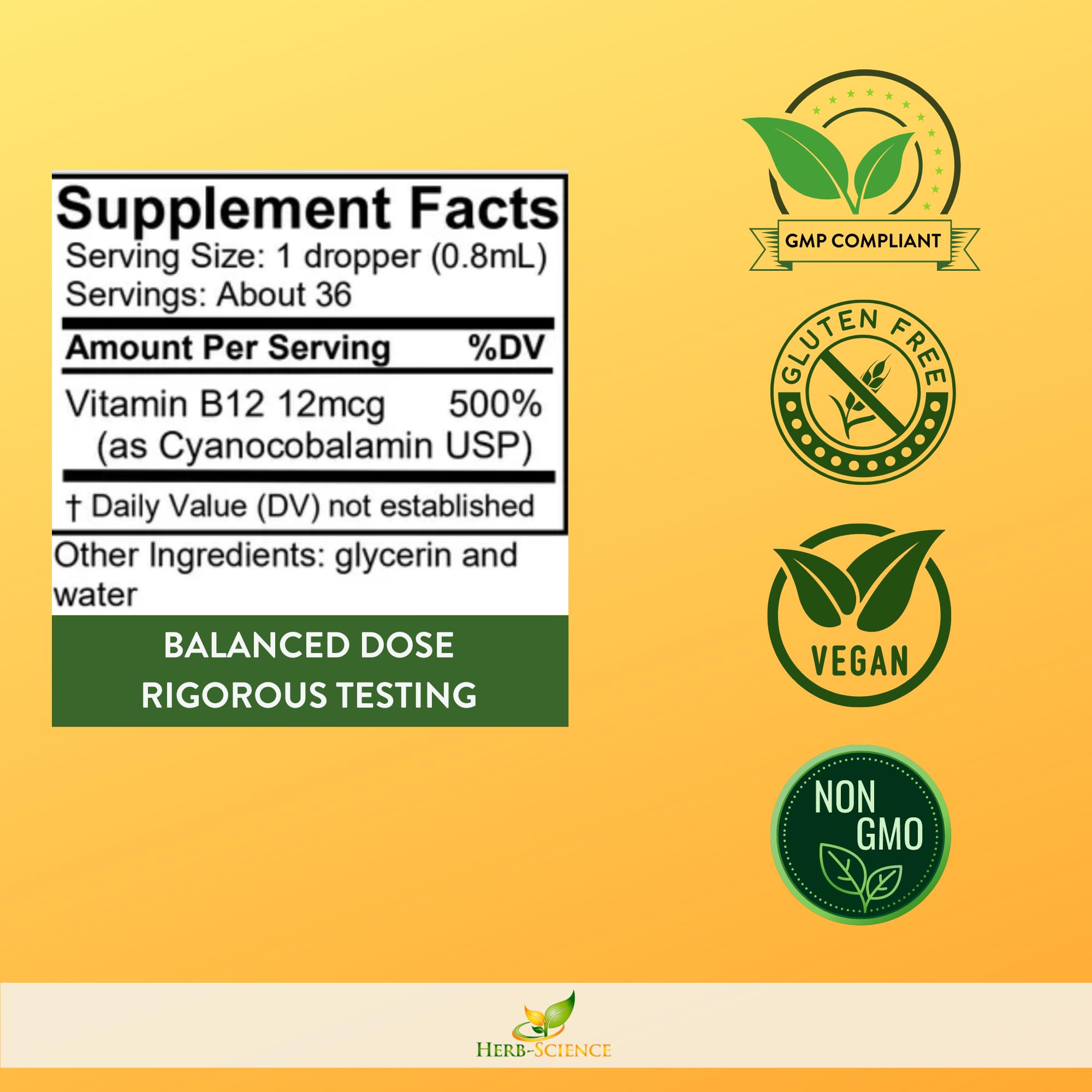 Herb-Science vegan, alcohol-free B12 drops with clean ingredients.