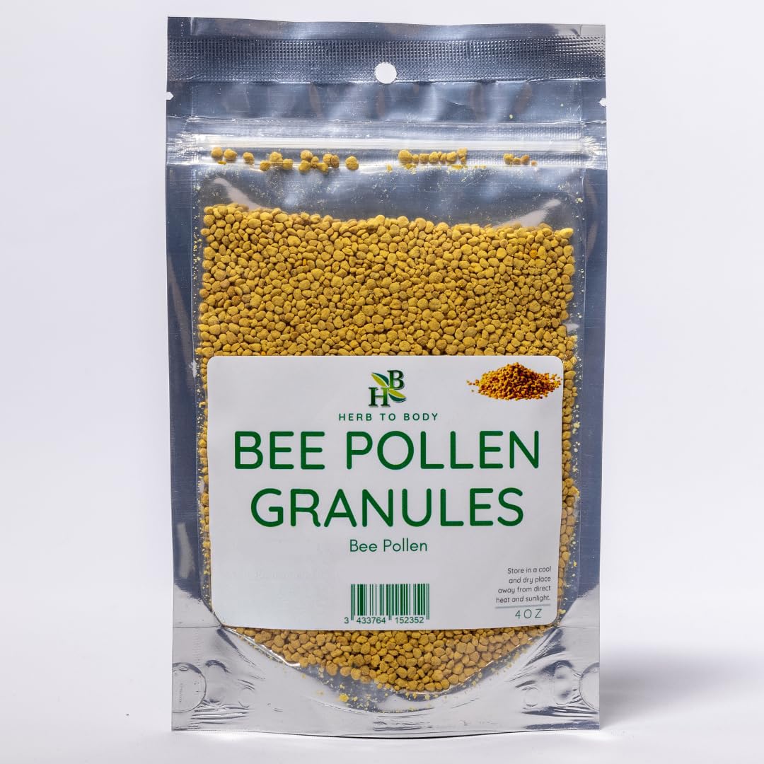 Herb To Body bee pollen granules in a 4oz pouch, ideal for smoothies and toppings.