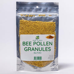 Herb To Body bee pollen granules in a 4oz pouch, ideal for smoothies and toppings.