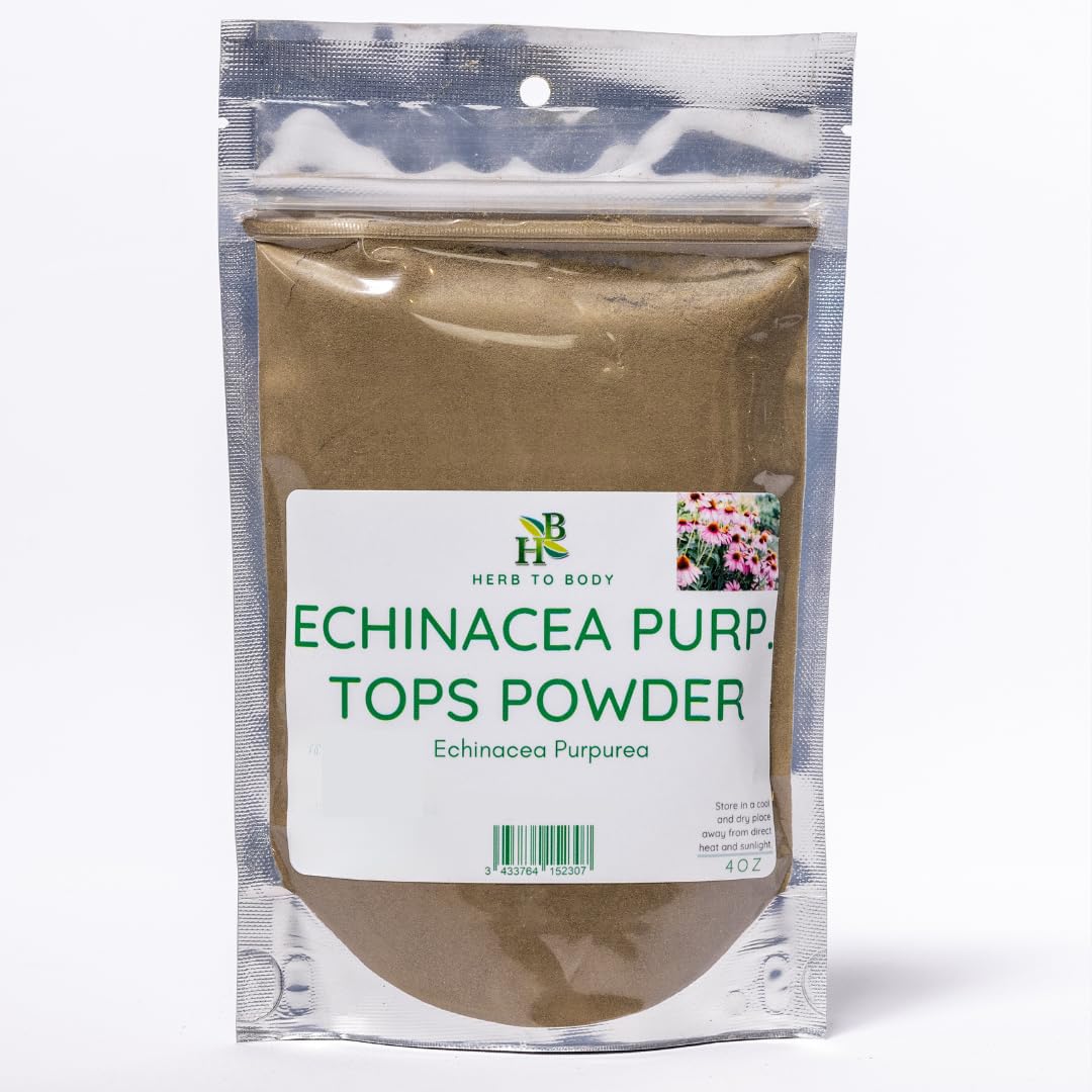 Herb To Body Echinacea Purpurea powder bottle highlights natural quality and freshness.