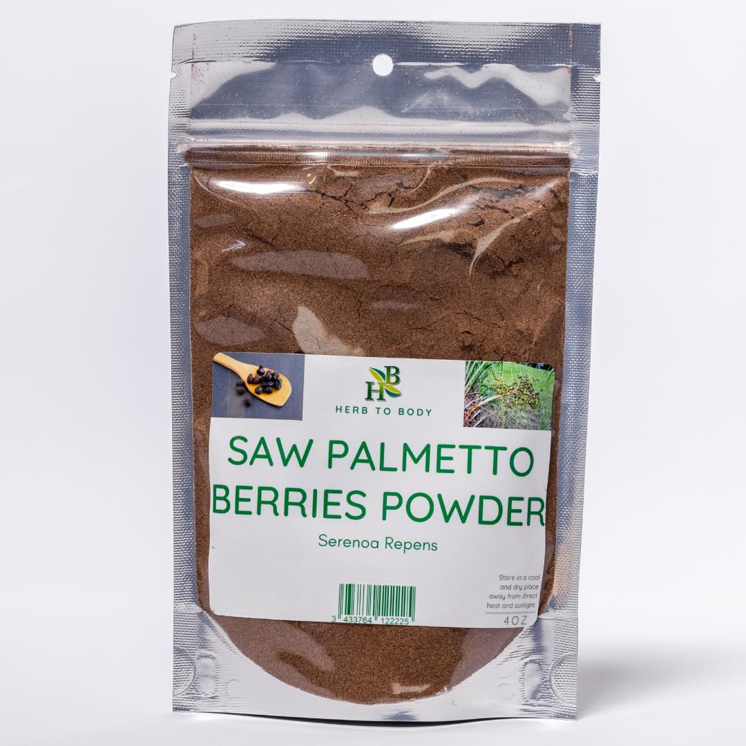 Herb To Body saw palmetto powder in a jar, ideal for herbal blends.