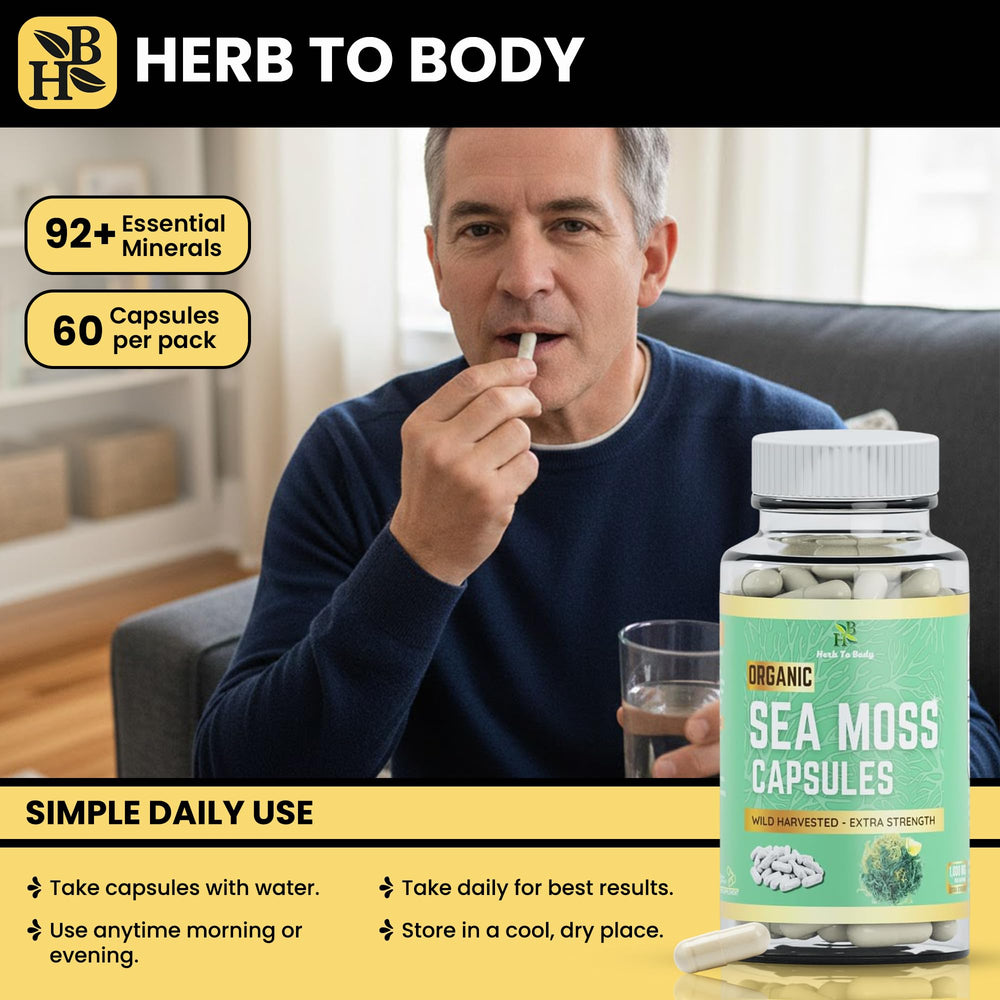 Herb To Body Capsule close-up shows vegan, additive-free promise.