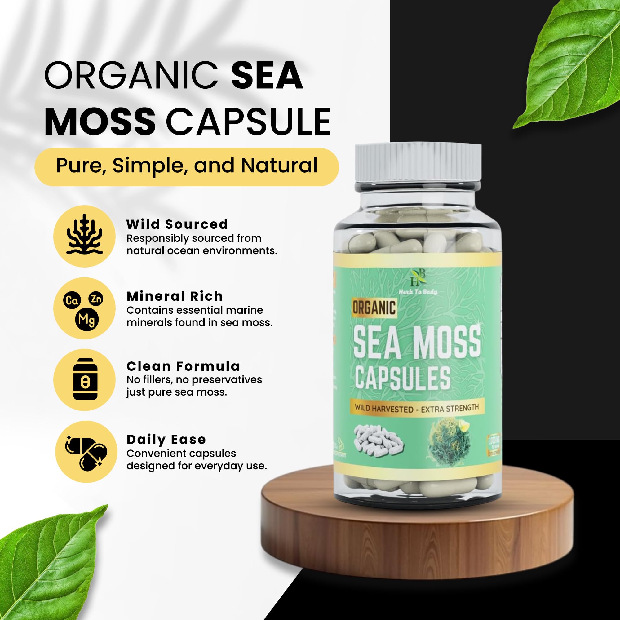 Herb To Body Sea Moss Capsules close-up highlights minerals like iodine.
