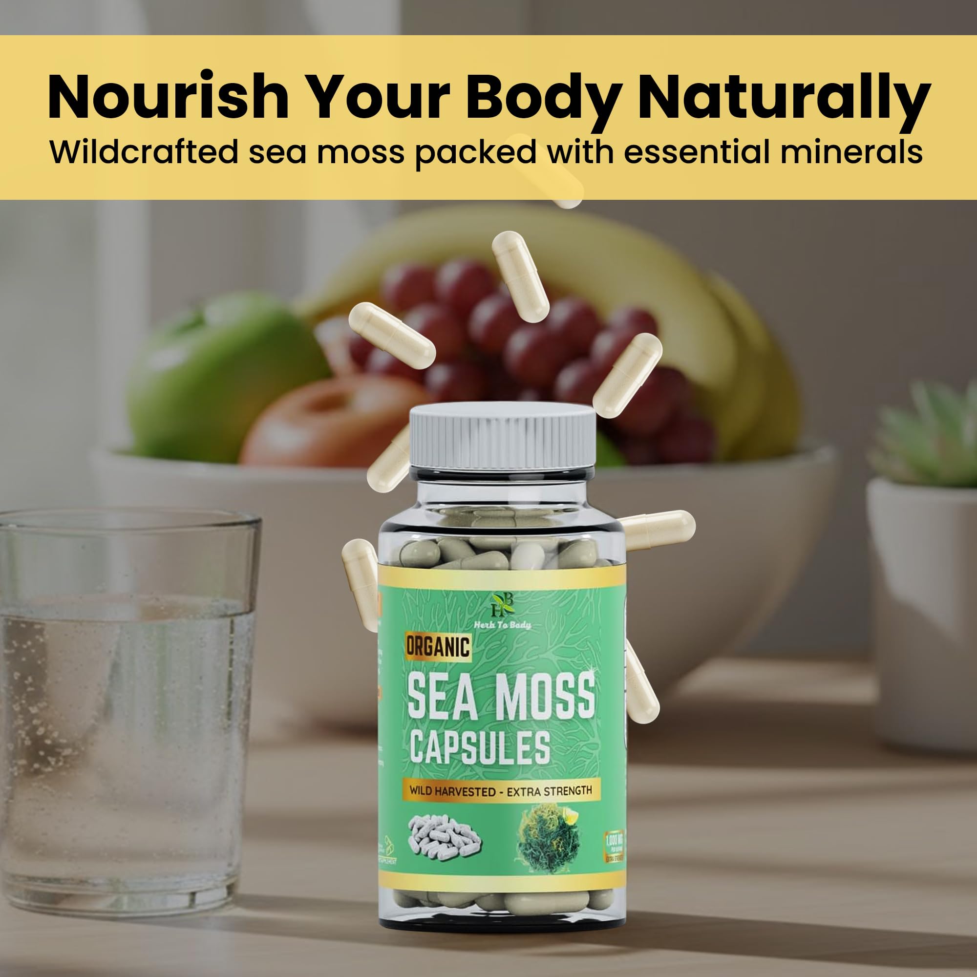 Herb To Body Sea Moss Capsules in a natural harvest setting.