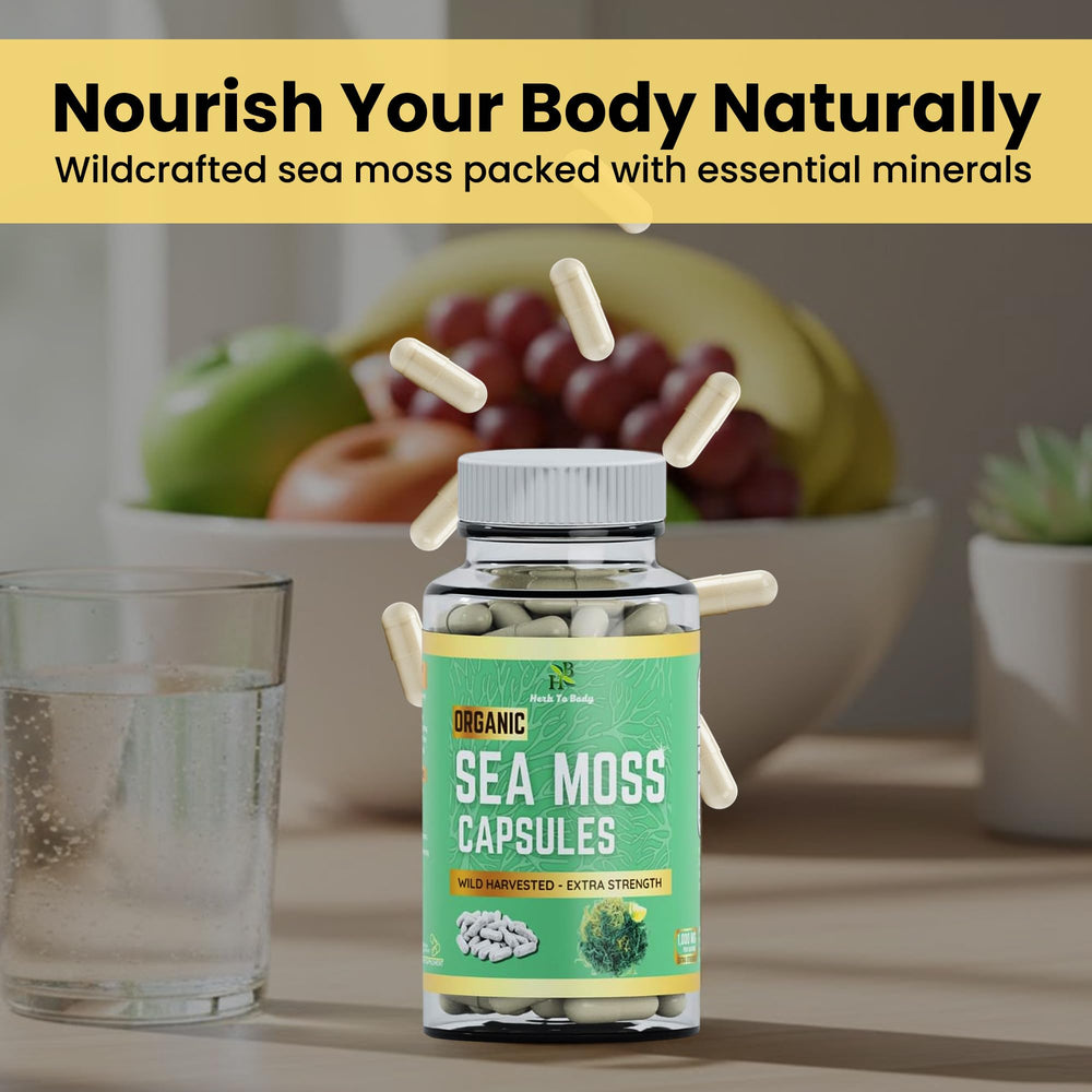 Herb To Body Sea Moss Capsules in a natural harvest setting.